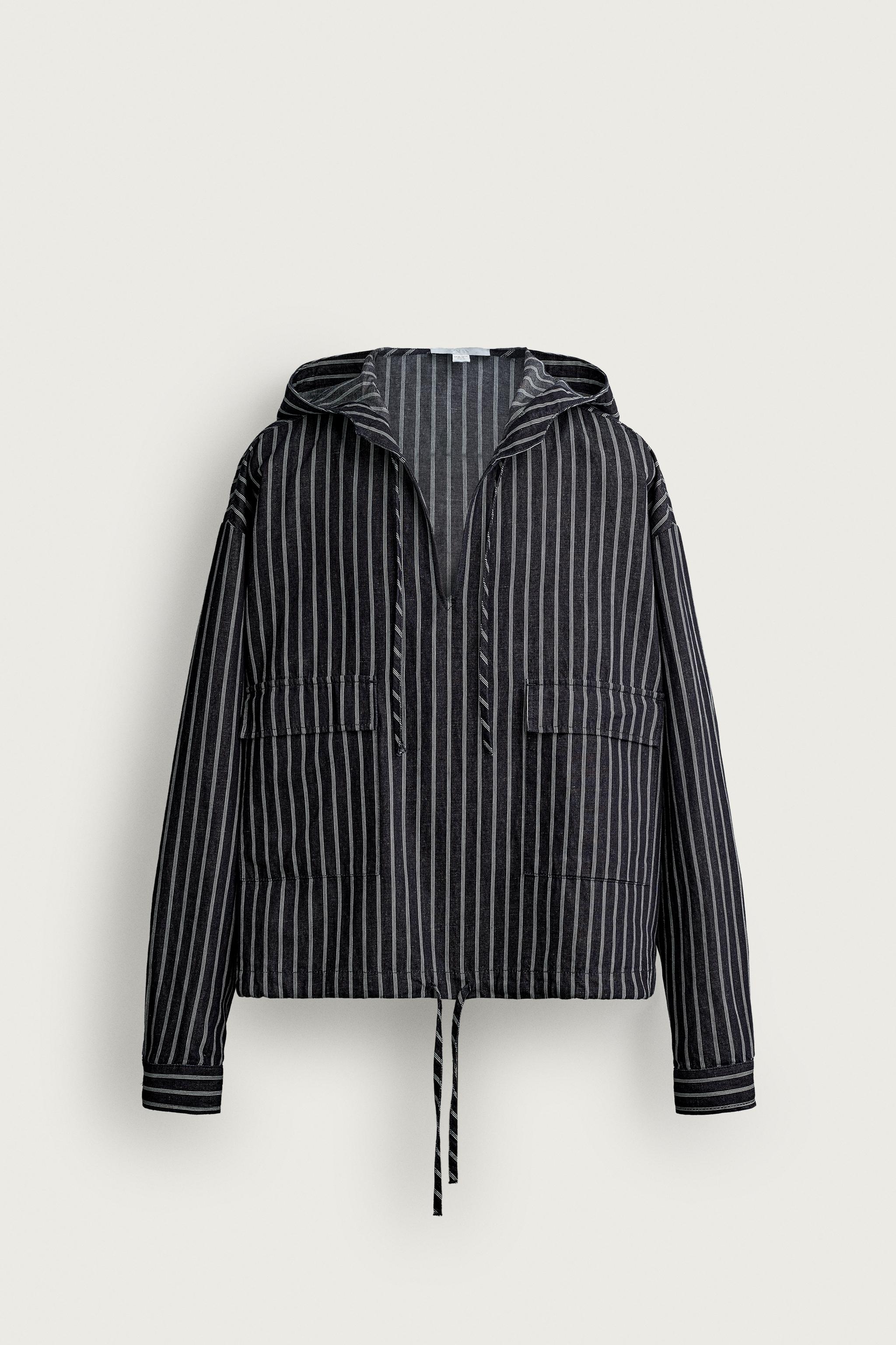 STRIPED COTTON-LINEN HOODIE OVERSHIRT
